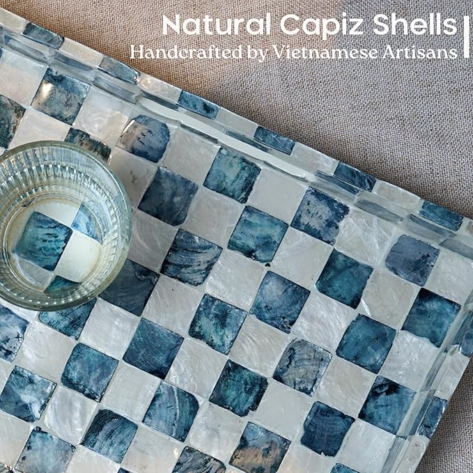 15.8" x 11.8" Decorative Rectangular Tray with Natural Capiz Shells, Checkered Tray with Handles, Serving Tray for Ottoman, Coffee Table, Kitchen Counter Home Decor (Navy Blue)