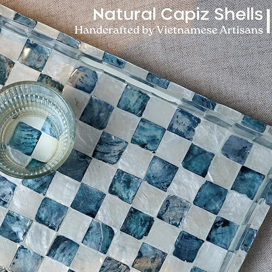 15.8" x 11.8" Decorative Rectangular Tray with Natural Capiz Shells, Checkered Tray with Handles, Serving Tray for Ottoman, Coffee Table, Kitchen Counter Home Decor (Navy Blue)