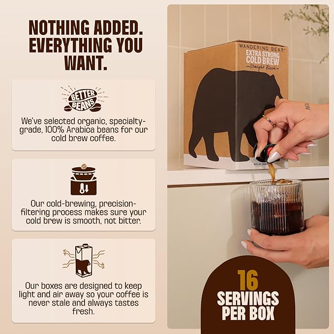 Wandering Bear Organic Caramel Cold Brew Coffee On Tap, Iced Coffee Drink - Extra Strong, Bold, Smooth, No Sugar Added, Shelf-Stable, Ready to Drink,Gluten Free & Vegan -16 Servings of 6fl.oz -96fl.oz