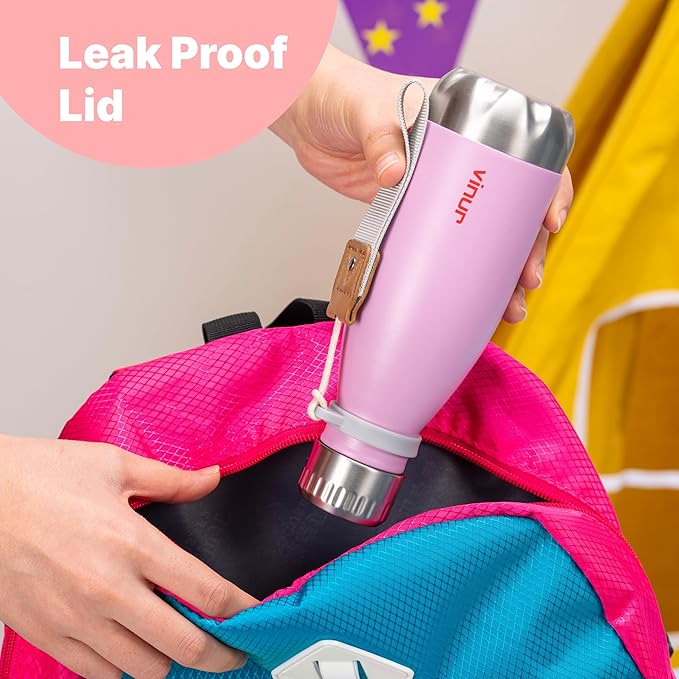 VINUR Kids Water Bottle-12 oz Stainless Steel Double Wall Vacuum Insulated Water Bottle for School-Cola Shape Flask with Carry Rope(Canyon Red)