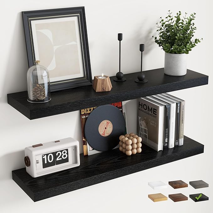 Floating Shelves for Wall with Invisible Brackets, Wall Mounted Engineered Wood Shelves with Wood Grain for Living Room, Bedroom, Bathroom, Kitchen Decor and Storage, Oak, 36"L Set of 2, Black