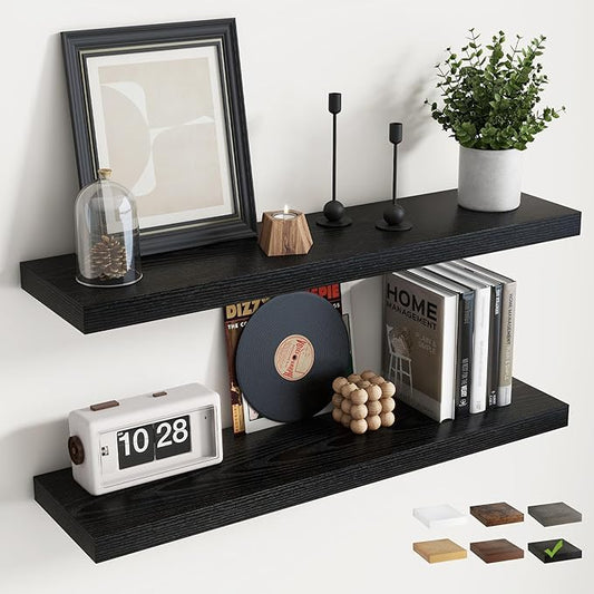 Floating Shelves for Wall with Invisible Brackets, Wall Mounted Engineered Wood Shelves with Wood Grain for Living Room, Bedroom, Bathroom, Kitchen Decor and Storage, Oak, 36"L Set of 2, Black