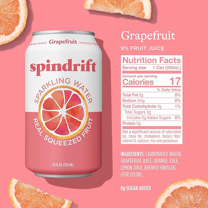 Spindrift Sparkling Water, Grapefruit Flavored, Made with Real Squeezed Fruit, (Only 15 Calories per Can), 12 Fl Oz (Pack of 24)