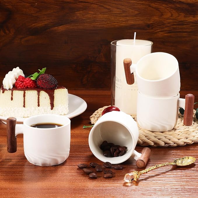 RUNROTOO Porcelain Ceramic Tea Cups, Espresso Cups Wooden Handle, Modern Demitasse, Microwave and Dishwasher Safe