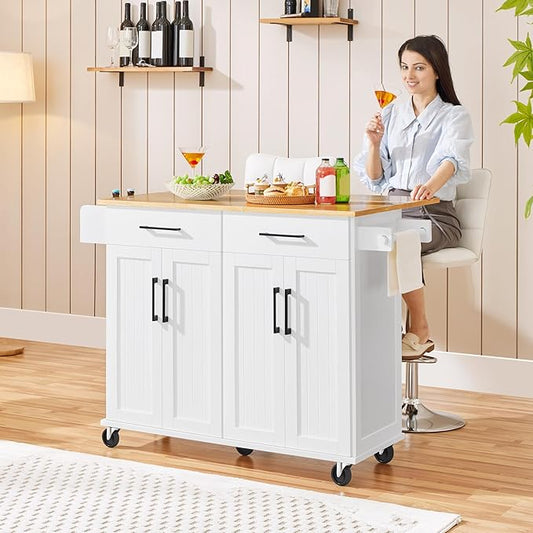 Yaheetech Kitchen Island Cart with Drop Leaf, 49" Rolling Island Table with Storage, Drawer, Kitchen Cart with Rubberwood Top, Detachable Towel & Spice Rack, White
