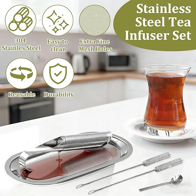Stainless Steel Tea Infuser for Loose Leaf Tea – Reusable Tea Strainer with Long Handle, Cleaning Brush Drip Tray & Mini Spoon – Perfect for Single Cup Brewing at Home, Office, or Travel