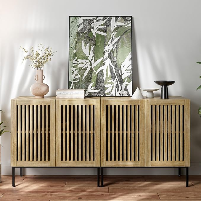 Buffet Cabinet with Storage,Set of 2 Farmhouse Console Table with Metal Base and Adjustable Shelf,Sideboard Coffee Bar Cabinet with 4 Doors for Kitchen,Dining Room,Living Room,Oak