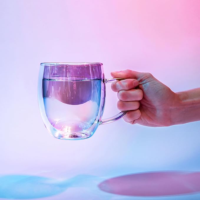 Dragon Glassware Double Walled Glass Coffee Mugs - 16 oz, Set of 2 Glass Coffee Cups to Keep Beverages Hot or Cold Longer - Iridescent Double Walled Crystal Mugs