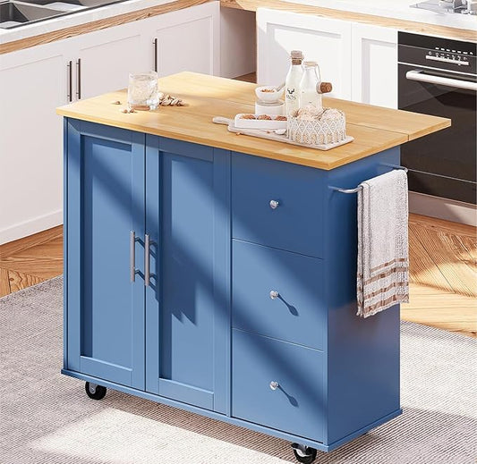 SUNLEI Kitchen Island on Wheels with Storage Cabinet & Foldable Drop Leaf, Rolling Kitchen Table, Cart Handle for Towel Rack, Drop Leaf, Portable Islands for Kitchen (Classic Blue, 39.7-INCH)