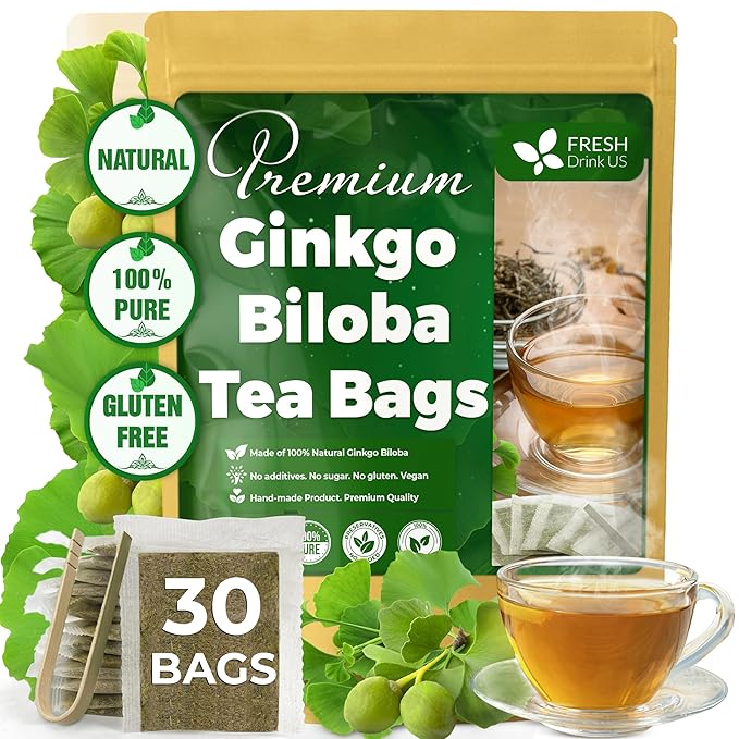 FreshDrinkUS, Premium 30 Ginkgo Biloba Leaf Tea Bags, 100% Natural & Pure from Ginkgo Biloba Leaves. Loose Leaf Herbal Tea. Made with Eco-Conscious Tea Bags. No Sugar, No Caffeine, No Gluten, Vegan.