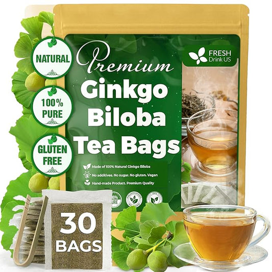FreshDrinkUS, Premium 30 Ginkgo Biloba Leaf Tea Bags, 100% Natural & Pure from Ginkgo Biloba Leaves. Loose Leaf Herbal Tea. Made with Eco-Conscious Tea Bags. No Sugar, No Caffeine, No Gluten, Vegan.
