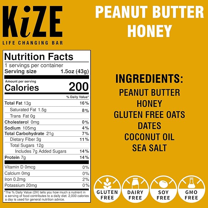 KiZE Energy Bars - Peanut Butter Honey - 20-Count - Gluten Free, Dairy Free, Non-GMO, and High Protein Meal Replacement Energy Bars, Clean and Simple Food Ingredients - 7g High Protein Snacks (20 Count)