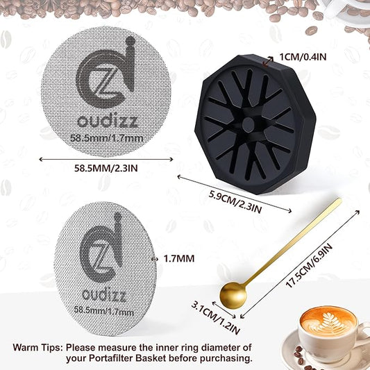 58.5mm Puck Screen, Reusable Coffee Filters For Espresso Portafilter Filter Basket 58mm, Espresso Screen With Coffee Spoon & Stand, Espresso Accessories, 1.7mm Thickness 150μm 316 Stainless Steel
