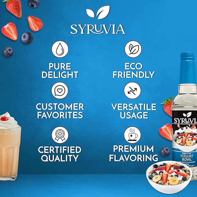 Syruvia Sugar Free Coffee Syrup, Yogurt Bowl Flavored Syrup for Drinks, Lattes and Desserts – 25.4 fl oz, With Pump