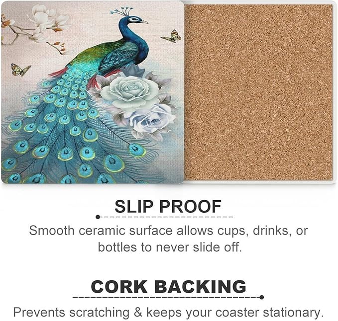 Peacock Drink Coasters, Square Ceramic Drink Coaster Square-6PCS, Vintage Tree Branch Beautiful Teal Peacock Floral Decor Absorbent Ceramic Coasters for Beverage Cup, Bar, Coffee Table