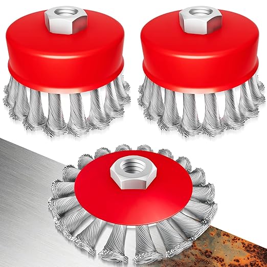 DIYSELF 3 Pack Wire Wheel Brush for 4-1/2 Angle Grinder, 5/8 Inch Threaded Arbor, Heavy Duty 3 Inch Wire Brush & 4 Inch Carbon Steel Wire Wheels for Rust Removal & Metal Cleaning