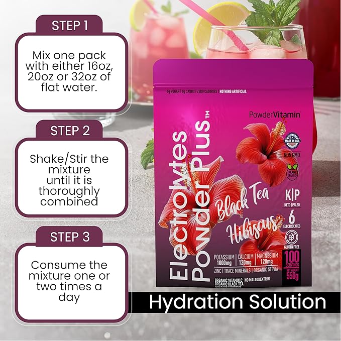 PowderVitamin Electrolytes Powder Plus (100 Servings) Black Tea Hibiscus Electrolyte Powder Keto, Sugar Free, Pink Himalayan Salt,1000mg Potassium,120mg Calcium,120mg Magnesium, Hydration Powder