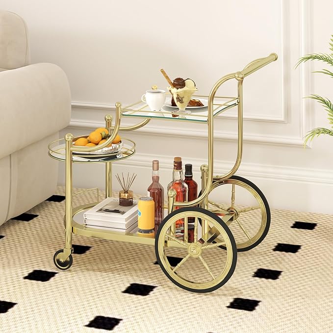 COSTWAY Glass Rolling Bar Cart, Rolling Serving Cart with 3-Tier Shelf, Directional Wheels & Universal Wheels, Mobile Wine Tea Serving Cart for Hotel, Club & Home (Gold)