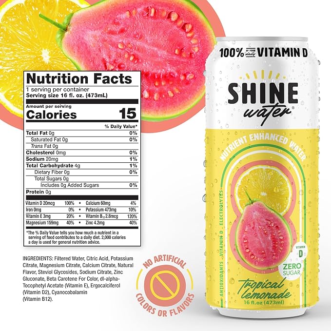Shine Water Tropical Lemonade Vitamin D Electrolyte Drinks 12-Pack, Sugar Free Flavored Water with Magnesium, Zinc & Antioxidants, Low Calorie Hydration Beverage, Plant-Based Vitamin Water Zero Sugar