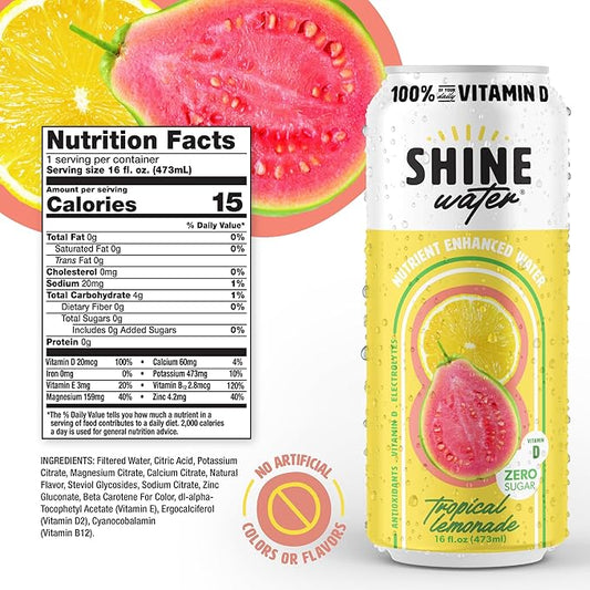 Shine Water Tropical Lemonade Vitamin D Electrolyte Drinks 12-Pack, Sugar Free Flavored Water with Magnesium, Zinc & Antioxidants, Low Calorie Hydration Beverage, Plant-Based Vitamin Water Zero Sugar