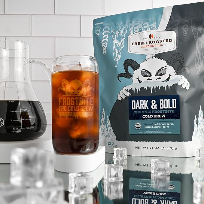 Fresh Roasted Coffee, Organic Dark & Bold Frostbite Cold Brew Coffee Filter Packs | USDA, Kosher | Dark Roast, 12 Count, 24 oz