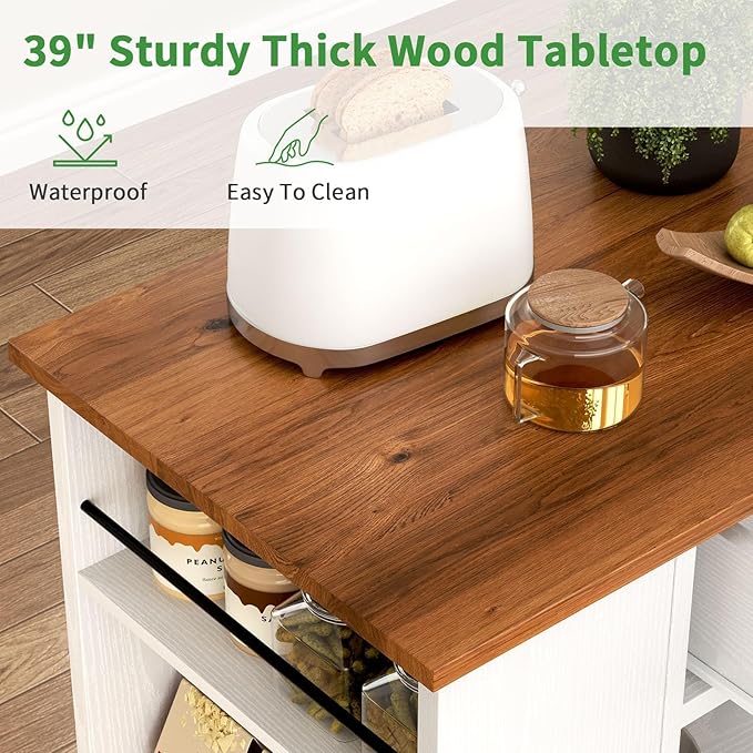 4 EVER WINNER Kitchen Island on Wheels with Storage, Kitchen Island Cart with Storage Cabinet, Spice Rack & Towel Rack & Drawer, Island Table for Kitchen with Open Shelves, White