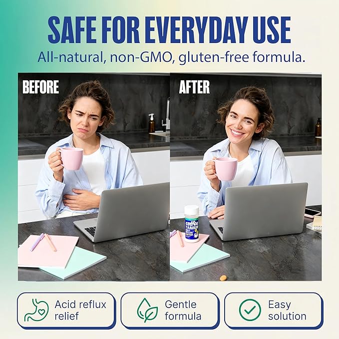 Coffee Tamer Acid Reducer Powder 2.4oz Shaker Bottle - All Natural Coffee Acid Reducer, Alkalizing Granules Reduce Acidity By 90%, Keto Friendly, Sugar-Free, Non-GMO, Preserves Original Flavor