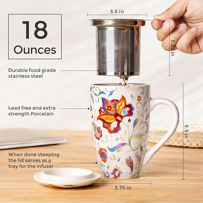 GBhome Tea Mug with Infuser and Lid, 18 Ounce Large Ceramic Loose Leaf Cup, Microwave, Dishwasher Safe, Perfect for Tea Lovers