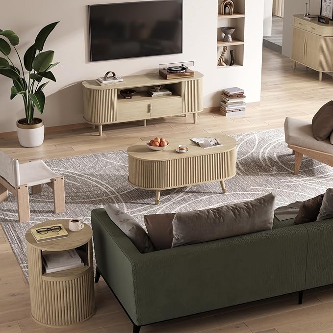 42.5" Oval Lift Top Coffee Table with Storage, Modern Oak Center Table with Fluted Design, Solid Wood Legs & Hidden Compartment, Pop Up Cocktail Table for Living Roomm