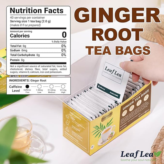 LeafLea 120 Ginger Tea Bags, 100% Pure Ginger Root Herbal Tea, Spicy & Warming Flavor, Supports Digestion & Immune Health, Individually Wrapped, Caffeine-Free, Sugar-Free, Gluten-Free, Non-GMO, Vegan