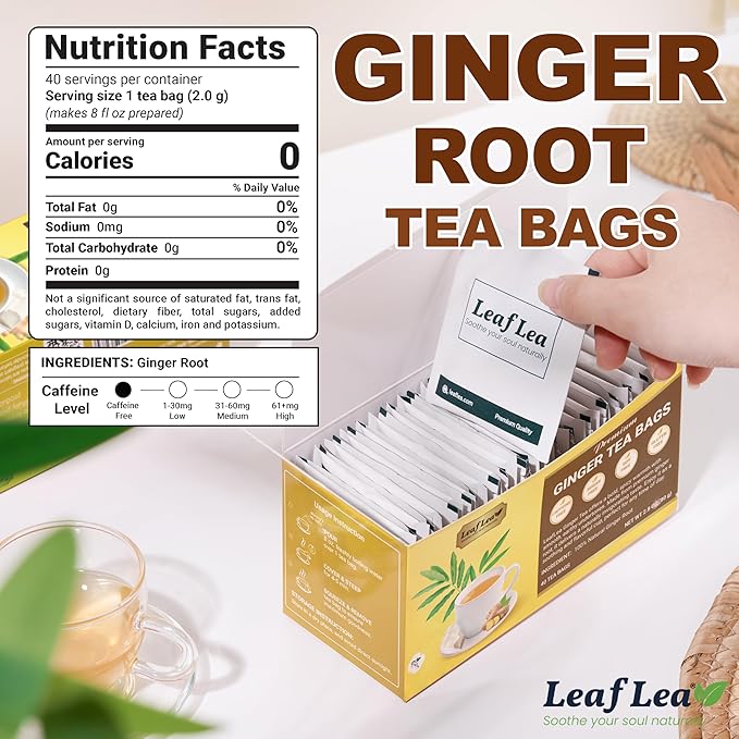 LeafLea 40 Ginger Tea Bags, 100% Pure & Natural from Dried Ginger Root Tea, Spicy & Comforting Herbal Tea Supports Digestion, Caffeine Free, Sugar Free, No Gluten, Non-GMO, Vegan