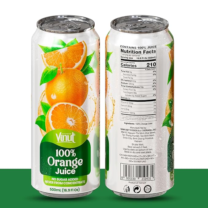 VINUT 100% Orange Juice, No Added Sugar, Never From Concentrate, 16.9 fl oz (500 mL) Can, Pack of 12