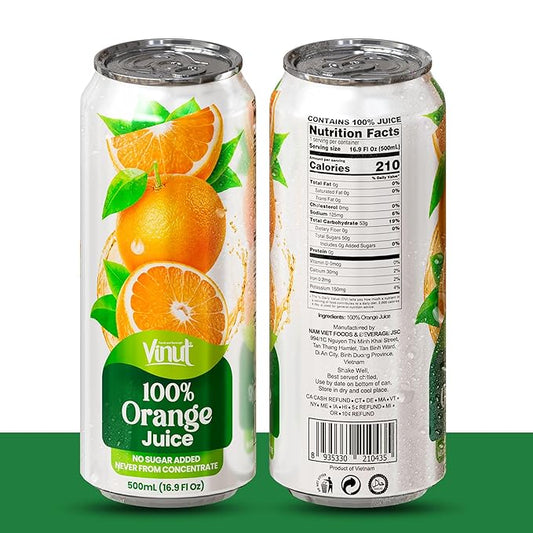 VINUT 100% Orange Juice, No Added Sugar, Never From Concentrate, 16.9 fl oz (500 mL) Can, Pack of 12
