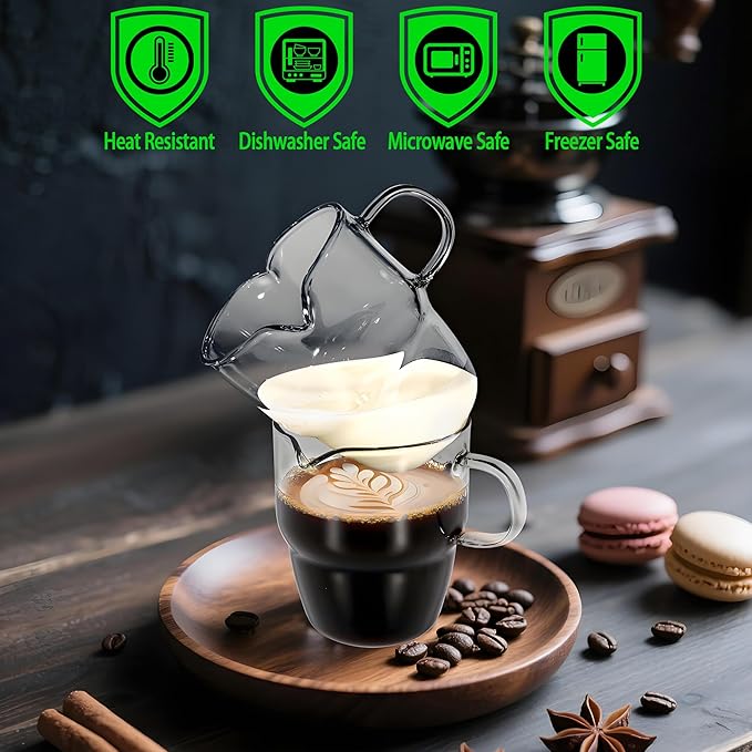 6 OZ Espresso Cups Set of 2, Stackable Double Spouts Espresso Shot Glass, Heat Resistant Espresso Measuring Cup with Handle, Coffee Bar Accessories