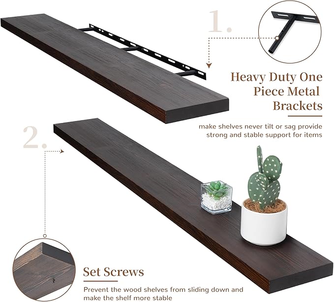 Marsmiles Wood Floating Shelves | 48 Inch Dark Wood Wall Shelves Set of 1 | 48" W x 6.7" D Rustic Wooden Shelves for Bathroom Kitchen Living Room Bedroom