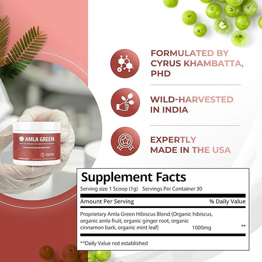 Amla Powder & Green Tea Superfood Supplement with Hibiscus, 20x Ultra Concentrated Amla, Antioxidant Support, Made with Oolong Tea and Indian Gooseberries, Organic, Vegan, Hibiscus, 90 Servings