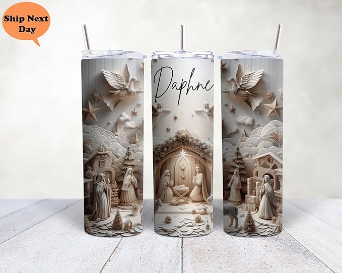 Custom Nativity Scene Tumbler with Straw, Personalized Christmas Religious Themed Insulated Drinkware, 20 oz