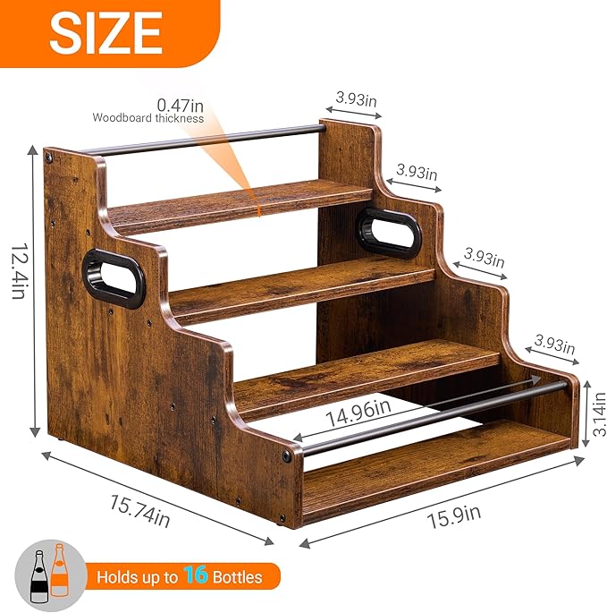 YQBRAO 4-Tier Liquor Bottle Display Shelf, Coffee Syrup Rack Organizer, Water Bottle Organizer, Mini Bar Cabinet, Rustic Bar Shelves for Liquor Whiskey, Spirits