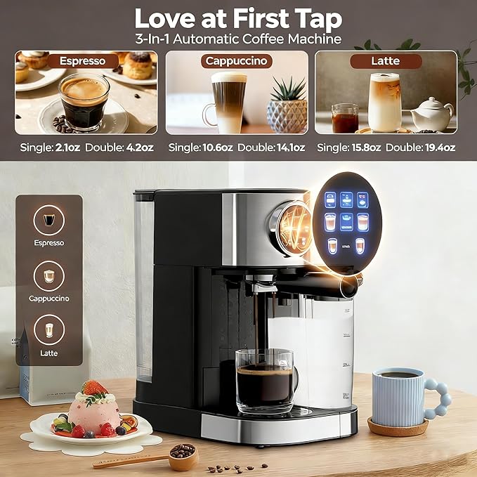 20 Bar Professional Compact Espresso Cappuccino Machine with Touch Screen & Auto Milk Frother, Stainless Steel Coffee Maker for Cappuccino, Latte