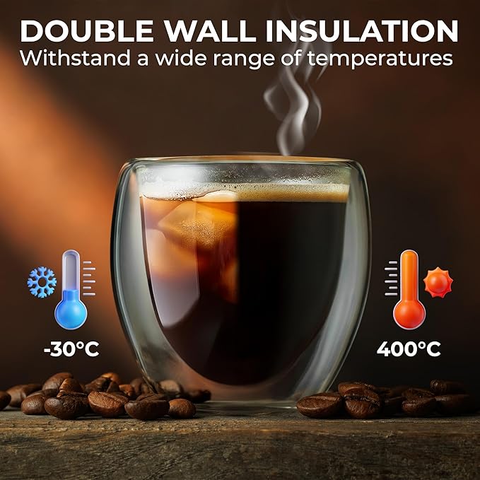 Kaffe Double Wall Insulated Glass Coffee Cups (2 x 3oz) - Small Clear Espresso Shot Glasses - Heat Resistant Insulated Borosilicate Glass Mugs for Warm Beverages, Capuccinos, Teas, Lattes