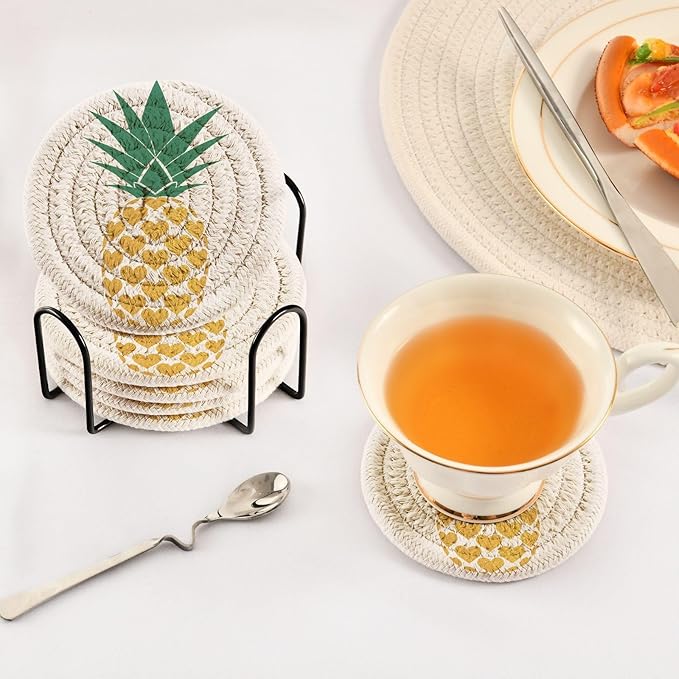 Pineapple Golden Tropical Gold Drink Coasters Set of 6 with Holder - Absorbent Decorative Bar Coasters for Coffee Table Protection