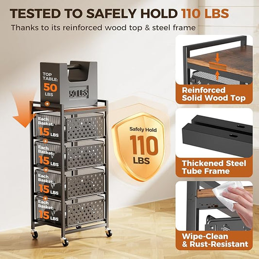 5 Tier Kitchen Storage Cart with Wheels, Utility Fruit Vegetable Storage Rack Stand with Pull-Out Baskets & Wood Top, Metal 4-Drawers Rolling Snack Cart, Kitchen Cart for Potato Onion(Black)