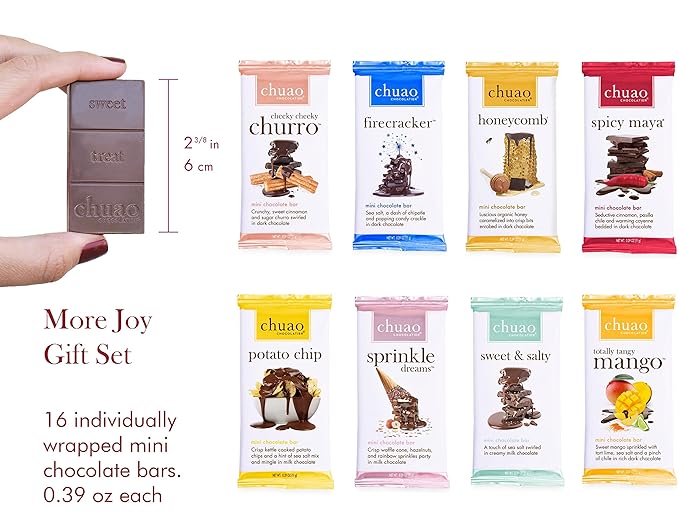 Chuao Chocolatier More Joy Assorted Mini Gourmet Chocolate Bars Gift Box | Milk and Dark Chocolate Variety Sampler For Holiday, Birthday, Thank you, Corporate Gift Baskets | 16 Bars, 0.39 oz Each