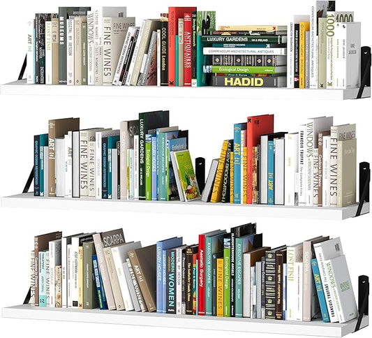 upsimples Floating Book Shelves for Wall, 35.4 Inches Long Floating Wood Shelves for Living Room, Library, Bedroom, Office Organizer and Storage, White
