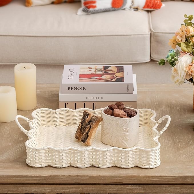 GRANNY SAYS Scalloped Edge Rectangle Serving Tray, Coffee Table Tray, Wicker Serving Trays with Handles, Decorative Tray for Coffee Table, Woven Tray, 15 ¾"×11 ½"×2 ¼", White