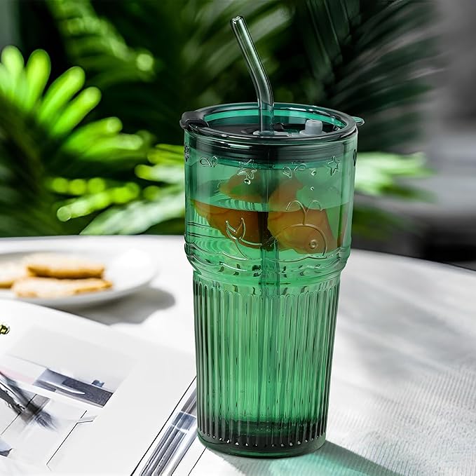 Joeyan Green Glass Tumbler with Lid and Straw,Embossed Iced Coffee Cups with Whale Pattern,Colored Striped Drinking Jars,Water Juice Beverages Soda Glasses,18.5 oz,Set of 2,Dishwasher Safe