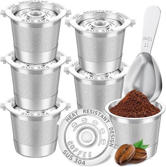 NESSUS 6 Pack Reusable K Cup for Keurig 1.0, Stainless Steel Reusable K Cups for Keurig 1 Prong Coffee Maker K Cup Reusable Coffee Pods with Heat Resistant Handles and Scoop, NO BPA