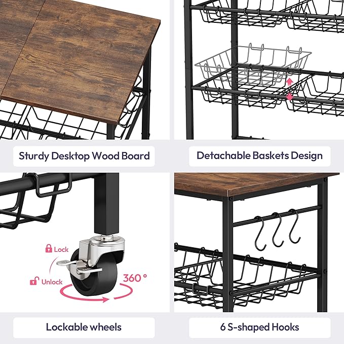 SWTYMIKI Rolling Kitchen Storage Cart - 4 Tier Microwave Table Stand with 6 Storage Baskets, Coffee Bar with Wheels, Kitchen Utility Cart Shelf Rack Organizer for Fruit, Vegetables, Potato (Brown)