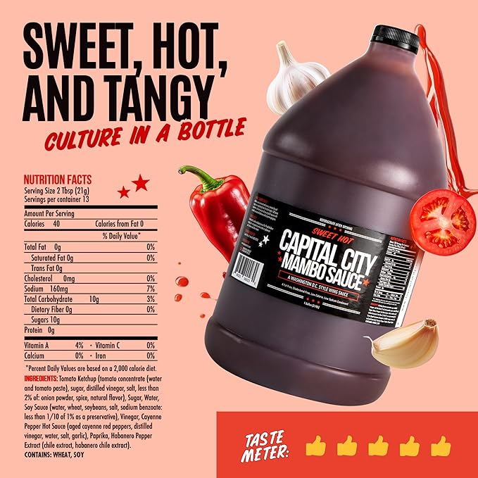 Capital City Mambo Sauce Sweet Hot, Washington DC Wing Sauces, Perfect Condiment for Wings Chicken Pork Beef Seafood Burgers Rice or Noodles, 128oz (1 Gallon) 4 Pack
