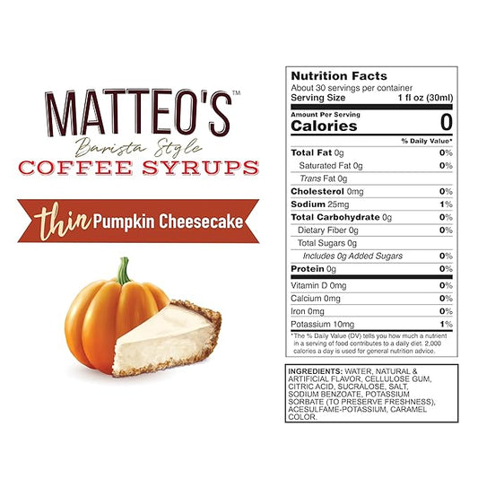 Matteo's Pumpkin Cheesecake Syrup for Coffee, Lattes, Cappuccinos & Desserts – Sugar-Free Sweetener for Beverages, Keto Friendly, Zero Calories, Indulgent Flavor, Non-Alcoholic, 33.8oz (6pk)